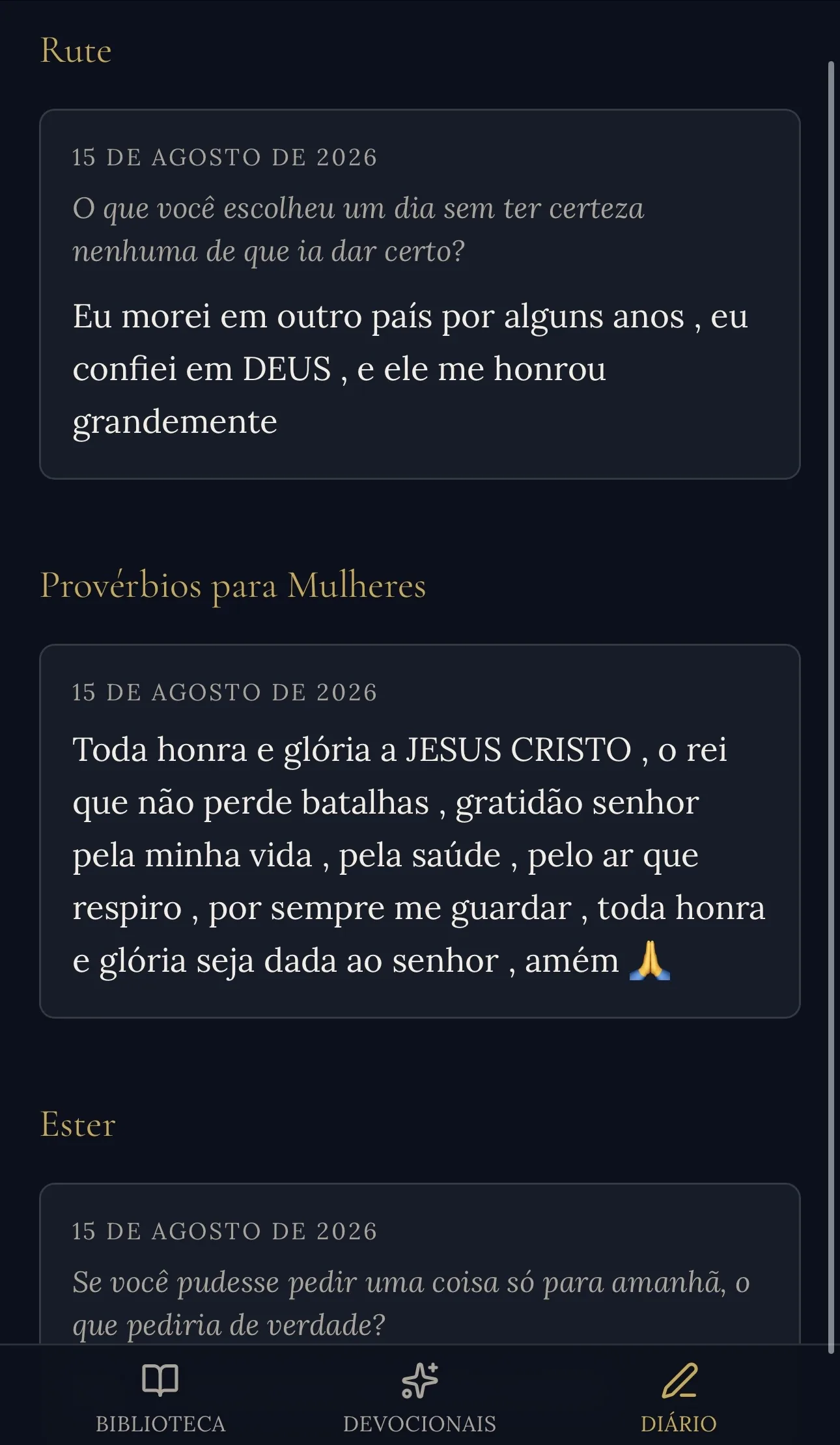 Tela do diário com anotações guardadas por data